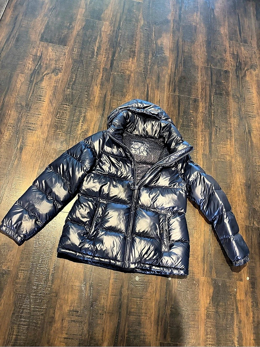 Michael Kors Metallic Ciré Hooded Puffer Jacket Blue